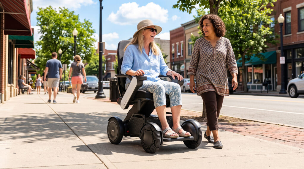 Woman walking next to another women who is on a power chair